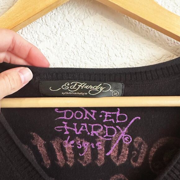 VTG Y2K Ed Hardy Sweater/Tunic Dress Medium Embellished Pull-Over Fitted Grunge - Picture 3 of 9